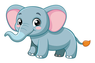Naklejka premium A cheerful cartoon baby elephant with big ears and a playful smile stands on a white background, radiating joy and innocence