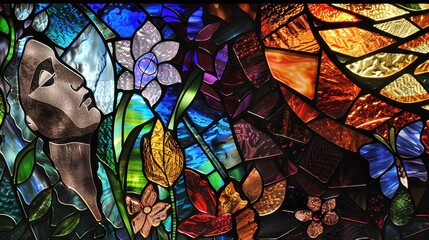 Stained glass artwork showcases human figures and vibrant flowers in a colorful display of light and beauty