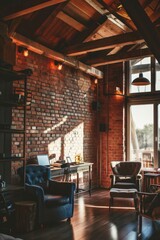 Fototapeta premium Cozy home office with brick wall and wooden beams in daylight