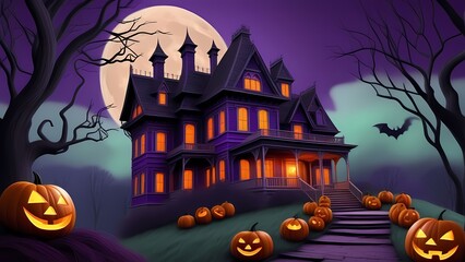 an enchanting Halloween scene with a haunted house on a hill, glowing jack-o'-lanterns, twisted trees, playful ghosts, a full moon, a witch on a broomstick, and eerie yet vibrant colours	