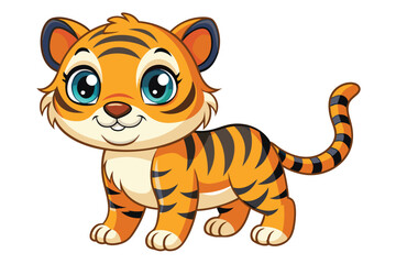 A cheerful baby tiger with big bright eyes stands playfully on a white background, showcasing its adorable features and vibrant orange fur