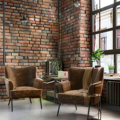 Cozy home office with brick wall and stylish seating area