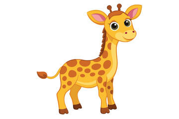 Obraz premium A cute cartoon giraffe with large eyes and spots stands happily against a plain white background, radiating joy and playfulness