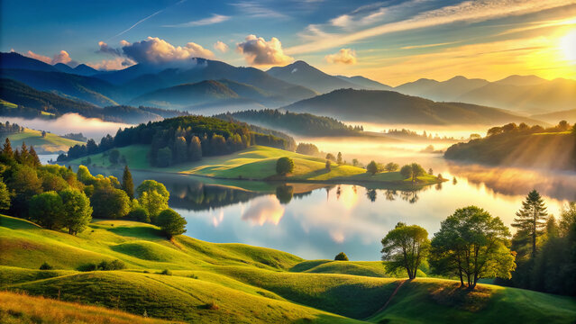 Vibrant sunny landscape with rolling hills, misty mountains, and serene lake, perfect for customizing with text and graphics in a modern design template.