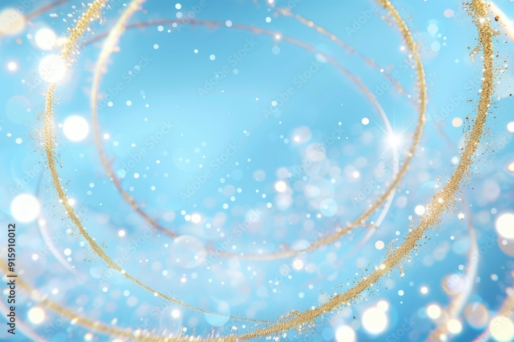 Poster Decorative image of gold circles on a blue background with sparkles, suitable for use in designs related to luxury, celebration or special occasions