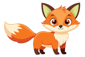 Obraz premium A cute little cartoon fox stands playfully, showcasing its vibrant orange fur and bright, expressive eyes against a clean white background