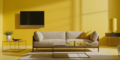 A modern and fresh furniture composition featuring a minimalist sofa, glass coffee table, and a flat-screen TV, set against a bright yellow backdrop.