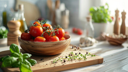 modern kitchen worktop scene, with utensils and foods, light modern kitchen cookbook concept