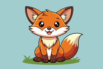 Obraz premium A cheerful little fox with bright eyes sits happily on green grass, exuding a sense of joy and contentment against a soothing backdrop
