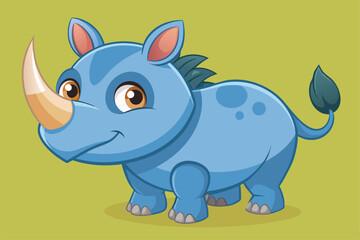 Obraz premium A friendly blue rhinoceros with big eyes and a playful grin stands against a vibrant green background, showcasing a whimsical character in a joyful setting
