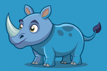 A cheerful, cartoon-style rhinoceros with a playful expression stands against a vivid blue backdrop, showcasing its fun design and vibrant colors