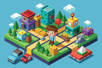 A young boy wanders through a vibrant cartoon city filled with colorful buildings, trees, and playful elements on a beautiful day