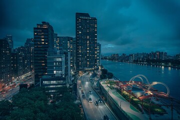 Naklejka premium View of FDR Drive at night from the Queensboro Bridge, Manhattan, New York City