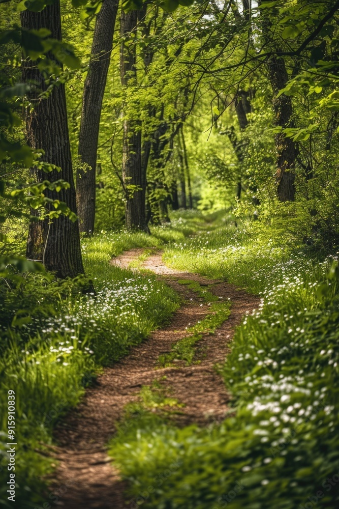 Poster a dirt path winding through a dense forest, surrounded by trees and foliage
