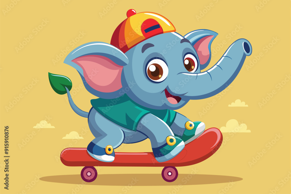 Sticker A cheerful little elephant rides a skateboard, wearing a hat and a shirt, enjoying the thrill of skating on a warm, sunny day