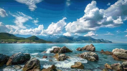 Rocky coastline with mountains in the background under a vibrant sky