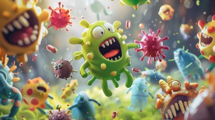 Vibrant 3d illustration of toothy cartoon germs battling against red medicine capsules. Microscopic monsters in a fun yet slightly scary scene