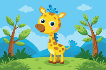 A cheerful little giraffe stands in a grassy meadow, happily accompanied by a blue bird under a bright blue sky with fluffy clouds