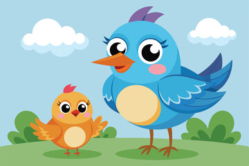 A mother bird and her adorable baby bird stand happily together in a vibrant garden under a bright blue sky filled with fluffy clouds