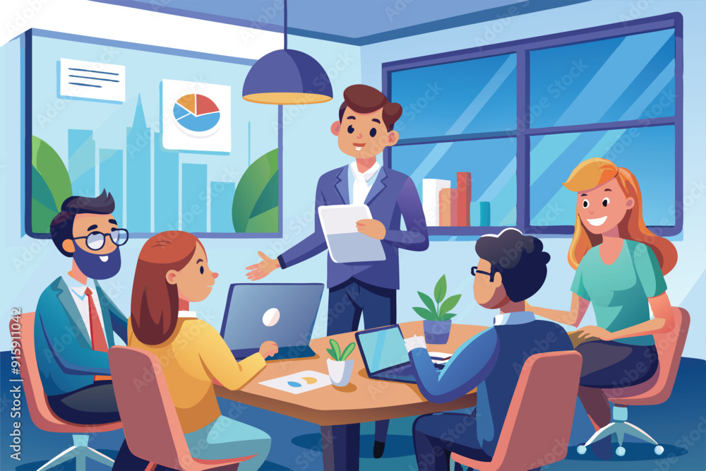 Poster a team of diverse professionals collaborates and discusses business projects at a round table in a b