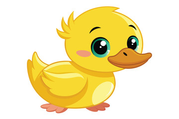 A cute baby duck with big eyes and soft feathers stands on a bright white background, exuding charm and playfulness