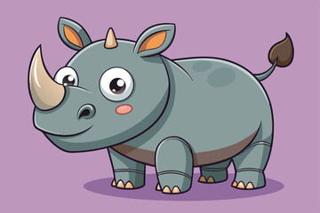 A cheerful cartoon rhinoceros stands playfully, showcasing its friendly expression and vibrant colors in a light purple setting