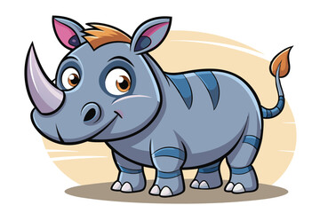 Fototapeta premium A cheerful cartoon rhino with big eyes stands happily in a bright, colorful environment, adding joy to a playful forest atmosphere