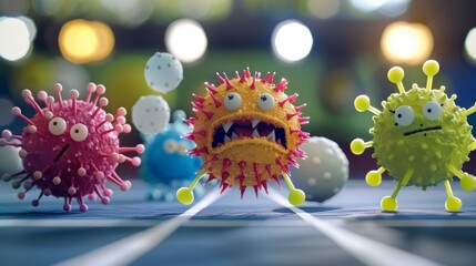 3d cartoon viruses with comical expressions running on a blue background, with one large angry virus in pursuit