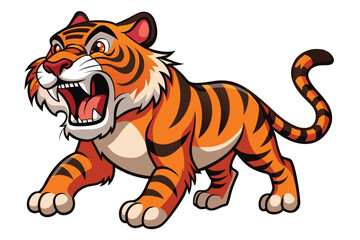 Obraz premium A cartoon tiger roars energetically, showcasing its striking orange and black stripes, set against a clean white backdrop