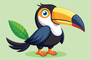 Naklejka premium A colorful cartoon toucan with a vibrant beak and detailed feathers perches on a leafy background, showcasing its playful and lively character
