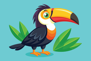 Fototapeta premium A vibrant cartoon toucan poses proudly among lush green leaves, showcasing its colorful beak and playful demeanor in a bright tropical environment