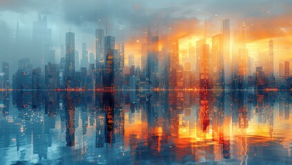 Obraz premium Cityscape Reflection at Sunset