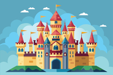A vibrant, whimsical castle with colorful towers and flags sits amidst fluffy clouds and distant mountains, inviting imagination and creativity