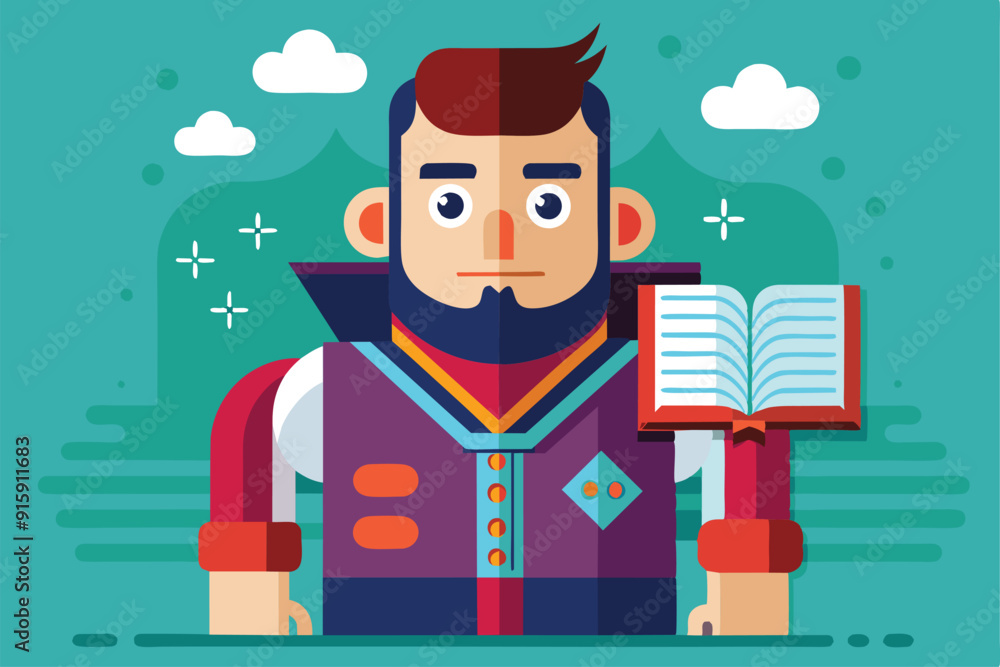 Poster a character stands confidently, holding an open book, surrounded by a bright and colorful backdrop w