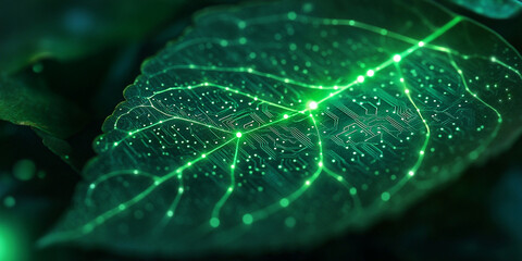 Close-up of a bioluminescent green leaf with digital data connections, dark background