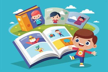 A cheerful child joyfully engages with colorful storybooks surrounded by a lively, green landscape under a bright blue sky