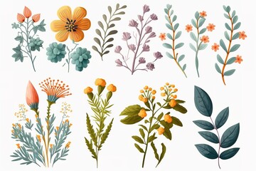 Collection of various hand-drawn floral elements with leaves and flowers.