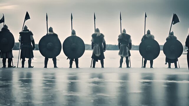 A group of Vikings standing in front of a frozen river