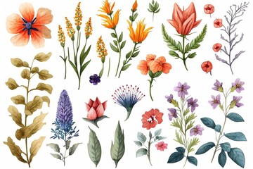 Fototapeta premium Collection of vibrant floral elements, including various flowers, leaves, and stems, isolated on white background.
