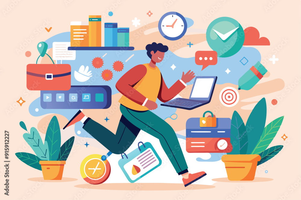 Poster a person is running with a laptop, managing tasks amidst colorful icons representing productivity, t