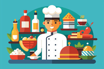 A cheerful chef stands ready to provide customizable catering options featuring various delectable dishes and beverages for any event