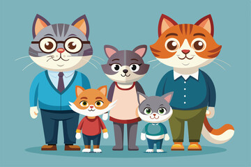 Fototapeta premium A whimsical collection of customizable cat family characters posed together, showcasing their unique personalities and vibrant colors in a cheerful design