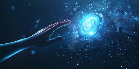 A hand reaching out towards a glowing hologram of the universe, symbolizing global connectivity