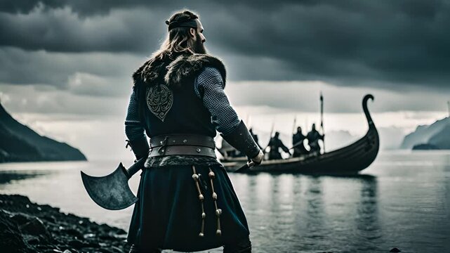 viking on the river bank, vikings on a boat