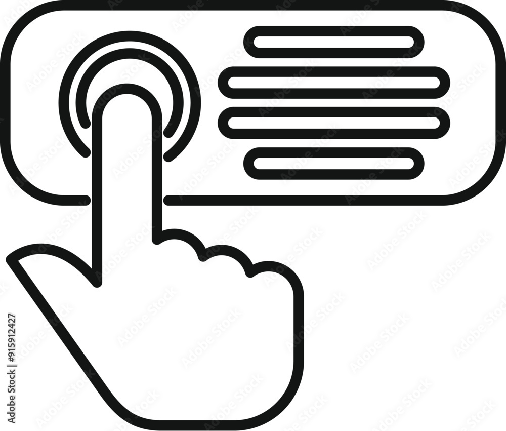 Poster human finger activating a round button on a digital control panel with lines, in a simple black and 