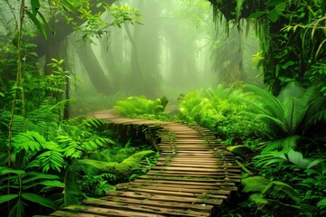 A serene forest path winding through lush greenery and misty ambiance.