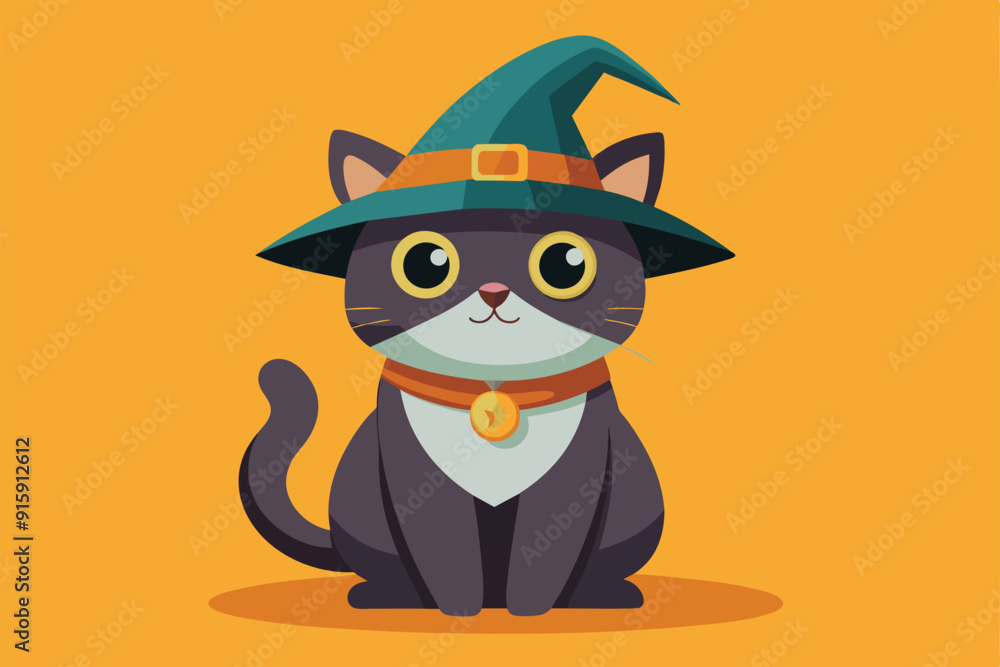 Sticker a playful black cat wearing a whimsical witch hat sits cheerfully, ready for halloween fun and custo