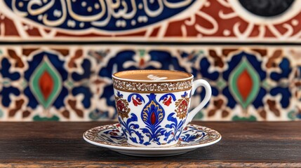 Fototapeta premium Turkish coffee served in a decorative cup against traditional tile backdrop