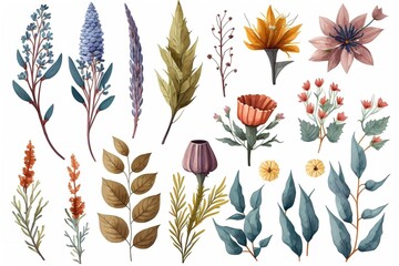 Collection of watercolor floral elements, leaves, and branches.