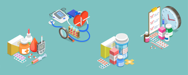 Fototapeta premium 3D Isometric Flat Vector Set of Pharmacy, Quick Aid and Treatment Products
